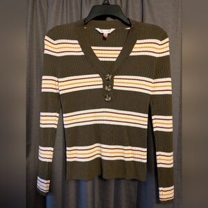 No Boundaries Olive Green Striped Long Sleeve Ribbed V-neck Shirt Sz. M